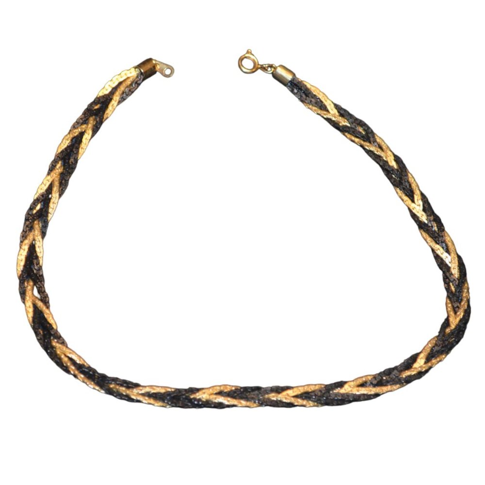Vintage Unknown 5 chains Necklace Fastener Black & Gold Fine Metal Work 8 3/4'